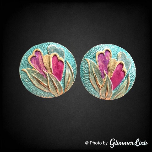 Vintage Enamel Floral Clip On Earrings – Gold Tone with Purple and Teal Accents - Picture 1 of 8